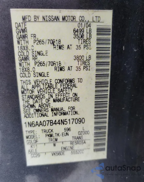 2004 Nissan Titan Xe из США, поврежденный, VIN 1N6AA07B44N517090